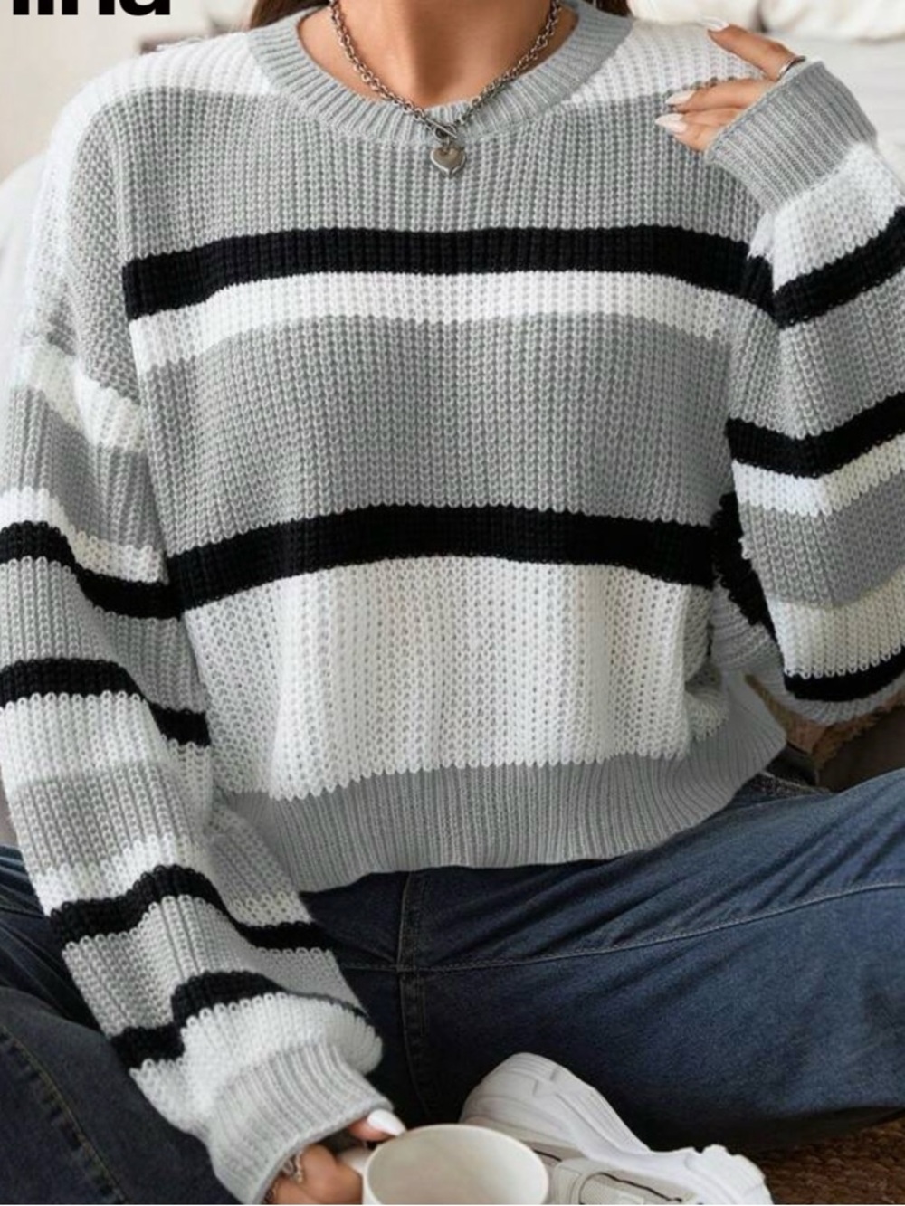 Cozy Cropped Striped Crewneck Sweater - Gray, White & Black